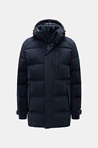 Belstaff Daunenjacke 'Pendulum' navy, frontale Ansicht, mit abnehmbarer Kapuze, Utility-Taschen, wind- und wasserabweisend, wärmend gefüllt.