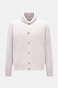 Lunaria Cashmere Cashmere Strickblouson hellgrau, Slim Fit, gewalkt, ohne Innenfutter, mit Blousonkragen, Fronttaschen und breiten Rippbündchen, Frontalansicht.