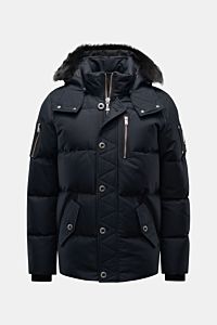 Front view of the Moose Knuckles Down jacket 'Original 3q Neoshear' navy, a slim fit puffer jacket with detachable hood and fur trim, zip and button storm flap, multiple zippered and flap pockets, ribbed cuffs, and warm 90/10 down lining protecting agains