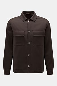Windsor Jacke 'Lavoro' dunkelbraun, Frontansicht, ungefüttert aus reiner Schurwolle, Regular Fit mit Umlegekragen, Pattentaschen, Fünf-Knopf-Leiste.