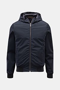 Front view of Moorer Wende-Blouson 'Dennys' navy, a slim fit, water-repellent outdoor jacket with microfiber, hood, high collar zipper, elastic cuffs, and zippered pockets. Functional luxury with reversible design for versatile style.