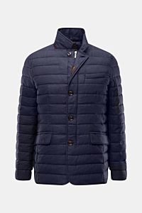 Front view of the Moorer Down jacket 'Zavyer' navy mottled, an elegant quilted jacket in pure linen with a smooth feel, classic topstitch, lightweight down lining, slim fit, leather collar detail, two-way zip, storm flap with buttons, classic breast pocke