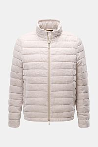 Moorer Daunenjacke 'Alec' beige meliert, Frontansicht, Slim Fit Steppjacke aus Leinen mit Daunenfüllung, Kapuze im Kragen, Zipper-Taschen.