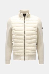 Front view of the Belstaff Daunenjacke 'Control Cardigan' sand, a hybrid biker jacket with a microfiber front, wool knit sleeves, quilted down-filled front, extra slim fit, two-way zipper, high stand-up collar, Belstaff patch on the upper arm, and comfort