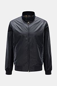 Front view of Barbour Waxed blouson 'Royston' dark navy, a classic short-cut jacket with waxed cotton, corduroy collar trim, slim fit, two-way zip, slanted hip pockets, elasticated bands, cotton lining, and one inside pocket, perfect for transitional seas