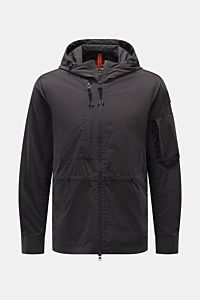 Front view of Parajumpers Jacket 'Inverness' anthracite, a slim fit hooded jacket with two-way zip, drawstring hood, three front pockets, cuffs with button, and two inside pockets, made of high-quality crease-free microfibre stretchy fabric for smooth fee