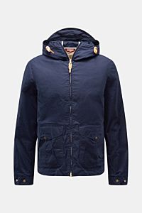 Manifattura Ceccarelli Wachsjacke 'Hooded Blazer' navy, frontale Perspektive, gewachste, wasserabweisende Baumwolle, Kapuze, Slim Fit, Taschen, Knopfärmel.