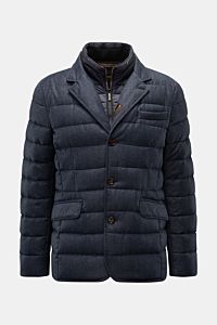 Moorer Daunenjacke 'Nomos' dark navy meliert, frontale Ansicht, gesteppter Blazer mit Slim Fit, Reverskragen, drei Knöpfen, Double-Front, reine Wolle, Gänsedaunenfüllung.