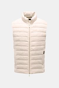 Front view of the Moorer Down gilet 'Calaf' beige mottled, a slim fit quilted outdoor vest made of pure linen with soft feel, narrow cross quilting, goose down lining, two-way zip, slim standing collar, concealed zip pockets, smooth lining, and one inside