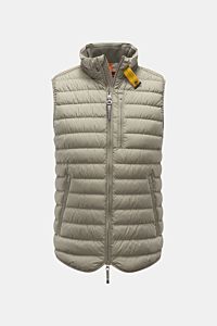 Parajumpers Down gilet 'Perfect' sage shown from the front, lightweight, slim fit, with high collar, zip pockets, and contrasting yellow collar tab. The incredibly lightweight and comfortable down gilet 'Perfect' by PARAJUMPERS features a classic desig