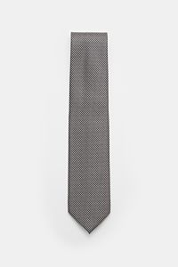 Tom Ford Seidenkrawatte dark navy/weiß gemustert, frontale Ansicht, reine Seide, feines Webmuster, dezenter Glanz, Made in Italy, 8 cm breit.