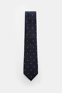Tom Ford Seidenkrawatte navy/schwarz/creme gemustert, frontale Draufsicht, reine Seide, dezenter Glanz, Fischgratmuster mit Punkten, 8 cm breit, made in Italy.