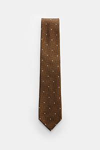 Tom Ford Seidenkrawatte hellbraun/schwarz/creme gemustert, frontale Draufsicht, feine Seide, Fischgratmuster, dezenter Glanz, 8 cm breit, made in Italy.
