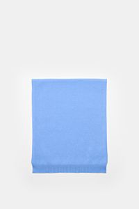 04651/ A trip in a bag Cashmere Schal blau, flachliegend von oben fotografiert, weicher Griff, reine Cashmere, Rippstrick-Kanten, 162x34 cm, edle Wärme