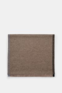 Top-down view of the 04651/ A trip in a bag Scarf taupe, a narrow fringed scarf made of fine virgin wool, microfiber, and cotton blend, measuring approx. 180 cm x 50 cm, offering luxurious comfort with a soft feel and bouclé look, perfect for stylish wint