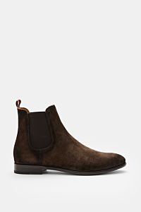 Sturlini Chelsea Boot 'Crosta' dunkelbraun aus feinem Veloursleder, rahmengenäht, schmal zulaufend, seitliche elastische Einsätze, Seitenansicht.