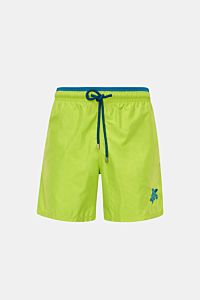 Vorderansicht der neongrün/petrol Vilebrequin Badeshorts 'Moka' aus leichter Microfaser, mit elastischem Bund, Tunnelzug und Turtle-Stitching.