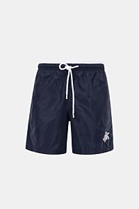 Vorne fotografierte Vilebrequin Badeshorts 'Moka' navy aus hochwertiger Microfaser mit elastischem Bund, Tunnelzug und Turtle-Stitching.