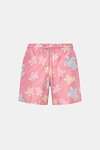 Vilebrequin Swim shorts 'Moorea' rose/mint/yellow patterned, front view, high-quality microfibre, elastic waistband, drawstring, pockets, mesh lining, quick-drying, turtle print.