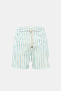 Front view of Jacob Cohen Swim shorts light blue/white striped, featuring elasticated waistband with drawstring, classic striped pattern, and jetted front pockets.

Description:
Perfect for sunny days: These swim shorts by JACOB COHEN combine flowing m