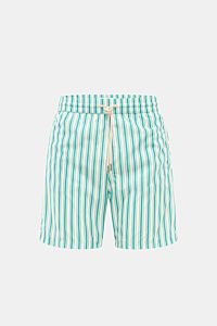 Front view of Jacob Cohen Swim shorts turquoise/white striped with elasticated waistband, drawstring, and classic striped design.

Perfect for sunny days: These swim shorts by JACOB COHEN combine flowing material with a classic striped design.
