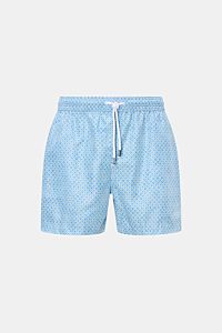 Fedeli Badeshorts 'Madeira Airstop' blau/hellgrün gemustert, Frontansicht, Regular Fit, elastischer Bund, recycelte Microfaser, schnelltrocknend.