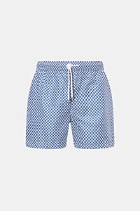 Fedeli Badeshorts 'Madeira Airstop' dunkelblau/beige gemustert, frontale Ansicht, Regular Fit, elastischer Bund, schnelle Trocknung, recycelte Microfaser.