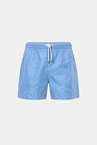 Fedeli Badeshorts 'Madeira Airstop' blau/weiß gemustert, frontale Nahaufnahme, florales Muster, Regular Fit, elastischer Bund mit Tunnelzug, recycelte Microfaser, schnelltrocknend, seitliche Taschen, Mesh-Innenfutter.