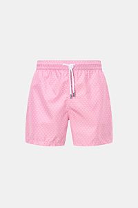 Front view of Fedeli Swim shorts 'Madeira Airstop' rose/white patterned with elasticated waistband, drawstring, and floral pattern, made of quick-drying recycled microfiber. An essential for your summer vacation: These FEDELI swim shorts have an expressiv