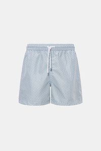 Fedeli Badeshorts 'Madeira Airstop' dunkelgrün/weiß/hellblau gemustert, Frontansicht, Regular Fit, elastischer Bund mit Tunnelzug, recycelte Microfaser, schnelltrocknend, leichte Qualität.