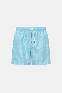 Fedeli Badeshorts 'Madeira Airstop' türkis/weiß/blau gemustert, Vorderansicht, Regular Fit, elastischer Bund, Paisleymuster, recycelte Microfaser, schnell trocknend.