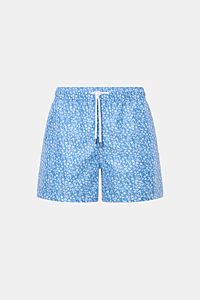 Front view of Fedeli Swim shorts 'Madeira Airstop' blue/white patterned with nautical design, elastic waistband, drawstring, and side vents.

An essential for your summer vacation: These FEDELI swim shorts have an expressive pattern that adds stylish a