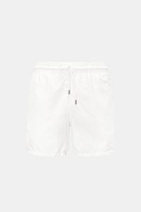 Vorne fotografierte Vilebrequin Badeshorts 'Moorea' weiß aus leichter Microfaser mit elastischem Bund, Tunnelzug, Taschen und Mesh-Innenfutter.