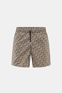 Moorer Swim shorts dark green/antique pink patterned, front view, quick-drying microfibre, smooth feel, regular fit, elasticated waistband with drawstring, small key pocket inside, pockets in side seam, back pocket with flap, smooth lining.