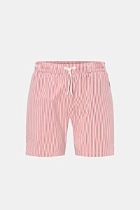Front view of 04651/ A trip in a bag Swim shorts rose/burgundy striped with modern vertical stripes, elastic waistband, and drawstring.

Description: Perfect for your next summer holiday: With their modern striped pattern, these swim shorts by 04651/ A