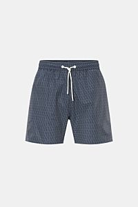 Frontansicht der 04651/ A trip in a bag Badeshorts 'Hansen' navy/weiß gemustert mit Allover-Print, elastischem Bund, Tunnelzug und seitlichen Saumschlitzen, aus leichter Microfaser.