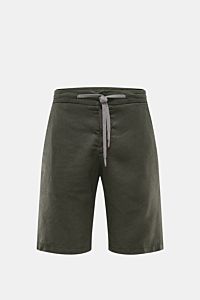 Marco Pescarolo Bermudas 'Cenito' graugrün, frontale Ansicht, leichte Leinen-Lyocell-Mischung, elastischer Bund, Tunnelzug, Taschen mit Reißverschluss.