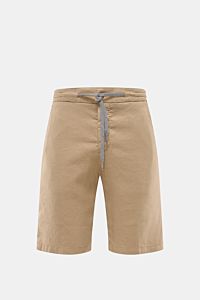 Marco Pescarolo Bermudas 'Cenito' beige aus elastischem Leinen-Lyocell-Mix, frontale Ansicht mit Tunnelzug, Reißverschluss und Taschen.