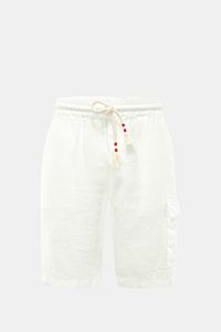 MC2 Saint Barth Leinen Cargo-Shorts 'Marseille' offwhite, frontale Nahaufnahme mit elastischem Bund, Kordel und Cargo-Tasche aus leichtem Leinenstoff.
