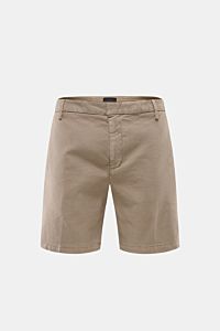 Front view of taupe Dondup Shorts 'Manheim', made from a stretchy linen and lyocell blend with zip, slide-button, French pockets, back flap pockets, and signature metal initial. Enjoy carefree days in the warm weather – the 'Manheim' shorts by DONDUP are 
