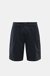 Dondup Shorts 'Ethan' navy aus leicht elastischer Baumwolle mit weichem Griff, Regular Fit, Bundfalte, Saumaufschlag, Reißverschluss, Taschen, Metall-Initial, frontale Ansicht.