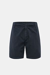 Dondup Seersucker-Shorts 'Manheim' navy, frontale Ansicht, Regular Fit aus leicht elastischem Baumwoll-Seersucker mit Taschen, Reißverschluss, Slide-Button und Metall-Initial.