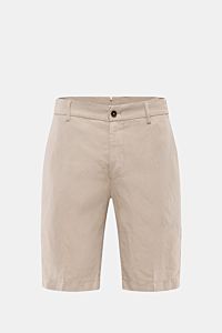 Front view of Berwich Bermudas 'Elax' beige, made from a lyocell and linen mix, featuring a soft feel, regular fit, zip and waist button, partially elasticated waistband, French pockets, and hip pockets on the seat. Perfect for hot days and holidays.