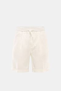 Aurélien Leinen-Shorts 'Seaside' offwhite, frontale Nahaufnahme mit elastischem Bund, Tunnelzug, französischen Taschen, fixiertem Saumaufschlag, Regular Fit, reine Leinenqualität.