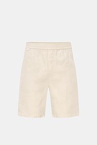 Front view of 04651/ A trip in a bag Linen shorts beige, comfortable pure linen with elastic waistband, French pockets, patch back pocket, garment-dyed, soft feel, regular fit, small woven label.