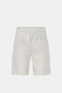 Front view of 04651/ A trip in a bag Linen shorts light grey, made from airy, garment-dyed pure linen with elastic waistband, French pockets, soft feel, regular fit, small woven label on waistband, and patch back pocket; perfect for hot days and vacations