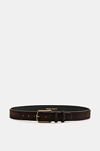Front view of Officine Creative Gürtel dunkelbraun, a dark brown suede belt with a smooth texture, brass prong buckle, two loops, 3 cm wide, Made in Italy, a stylish classic for elegant outfits.
