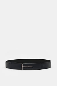 Front view of Tom Ford Gürtel schwarz/dark navy, an elegant reversible belt in fine calf leather with characteristic grain, silver brass prong buckle, made in Italy, approx. 3.5 cm wide.