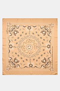 Ace Denim Silk scarf light brown/black/white patterned laid flat, top-down view showing paisley design, pure silk, soft feel, 90x90 cm, casual summer bandana accessory. Eye-catching for the warm season: The ACE DENIM silk scarf in a bandana design is a ca