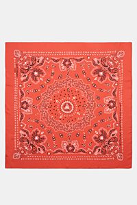 Top-down view of Ace Denim Silk scarf red/black/white patterned, a pure silk bandana with soft feel, paisley design, approx. 90x90 cm. Eye-catching for the warm season: The ACE DENIM silk scarf in a bandana design is a casual statement accessory for summe